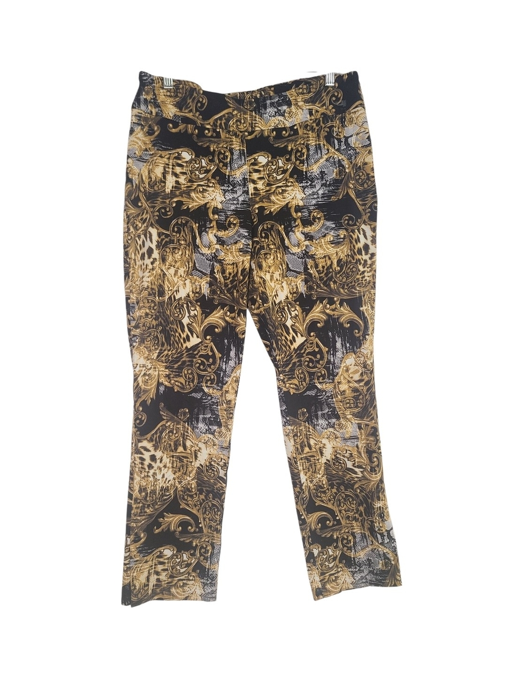 Up! Pants Size 14 Gold Black Baroque Animal Print Stretch Pants Capris